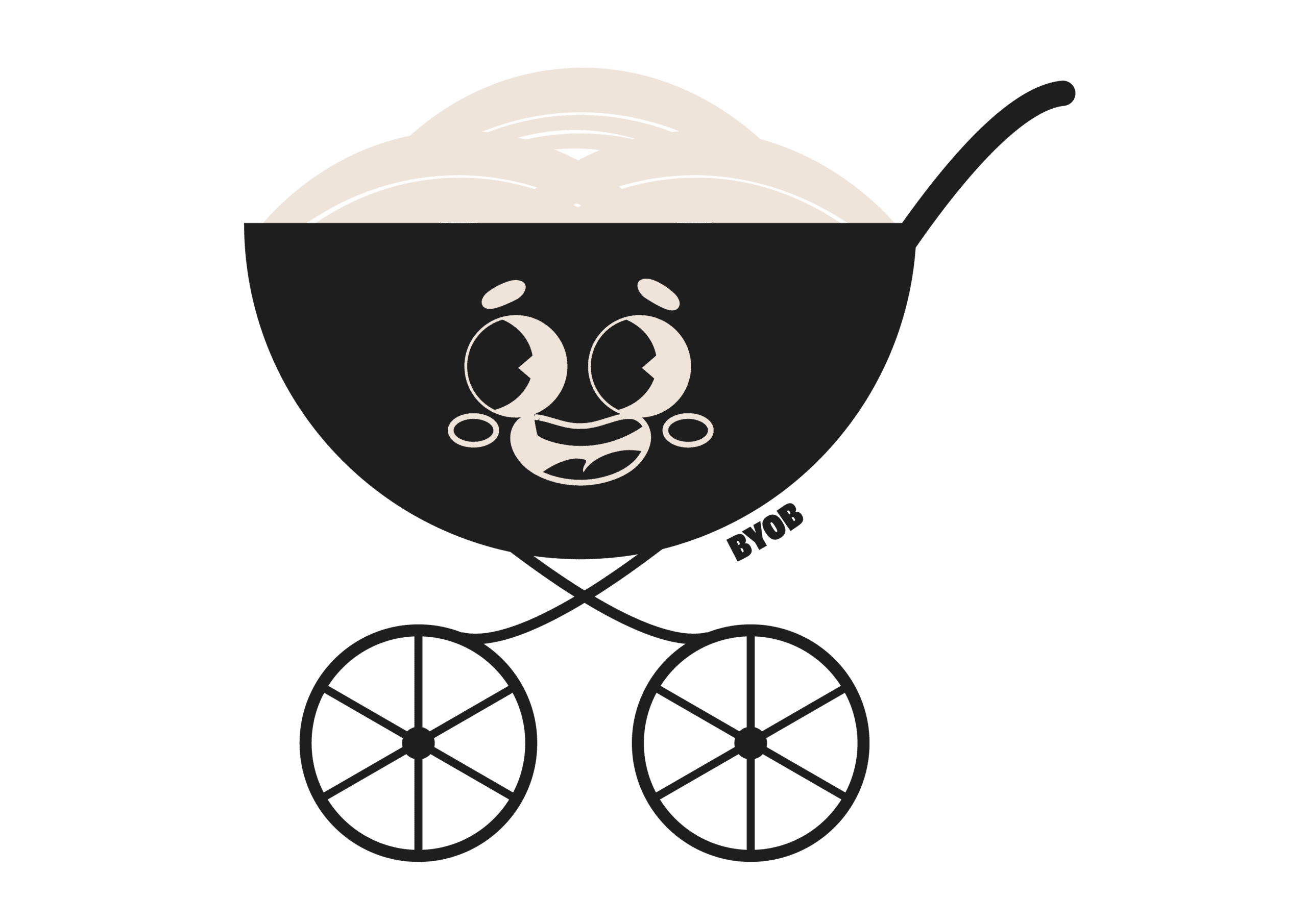 A black bowl with a smiling cartoon face, filled with a light-colored substance, is illustrated as a stroller with two large wheels and a handle. The letters "BYOB" appear on the side.