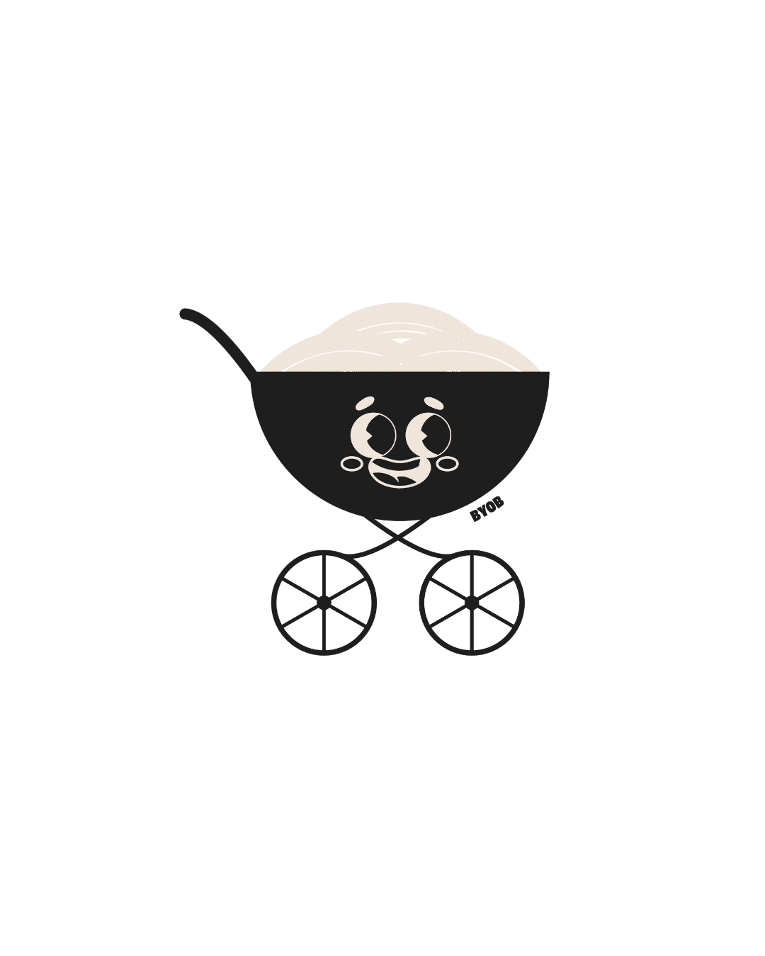 A black baby stroller with wheels, featuring a bowl of rice as the seat. The bowl has a smiling face with eyes, a nose, and cheeks, giving it a playful character. The background is plain white.