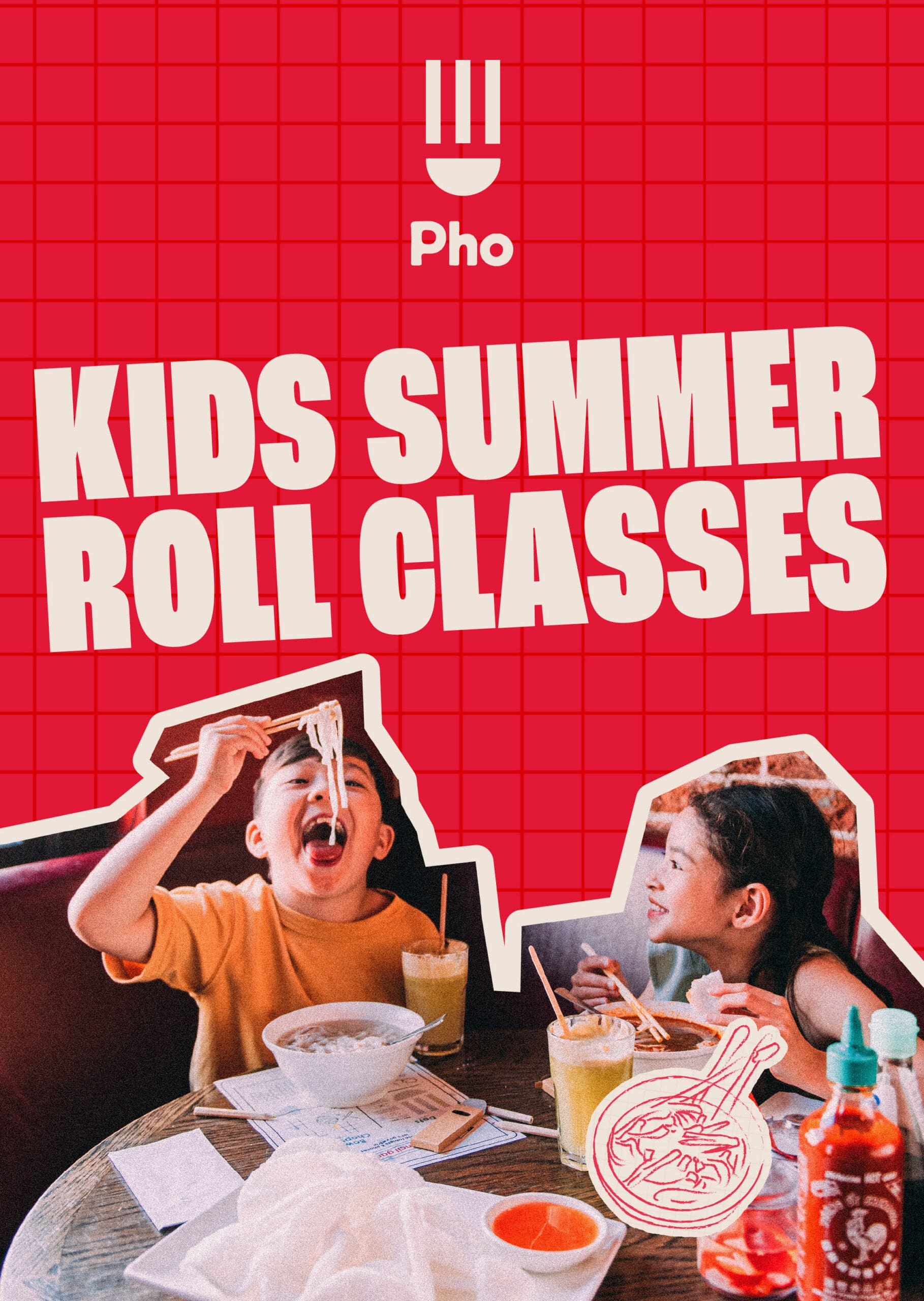 Two kids laugh and eat noodles at a table with drinks and sauce bottles. Text on the image reads: "Pho. Kids Summer Roll Classes" on a red, grid-patterned background.