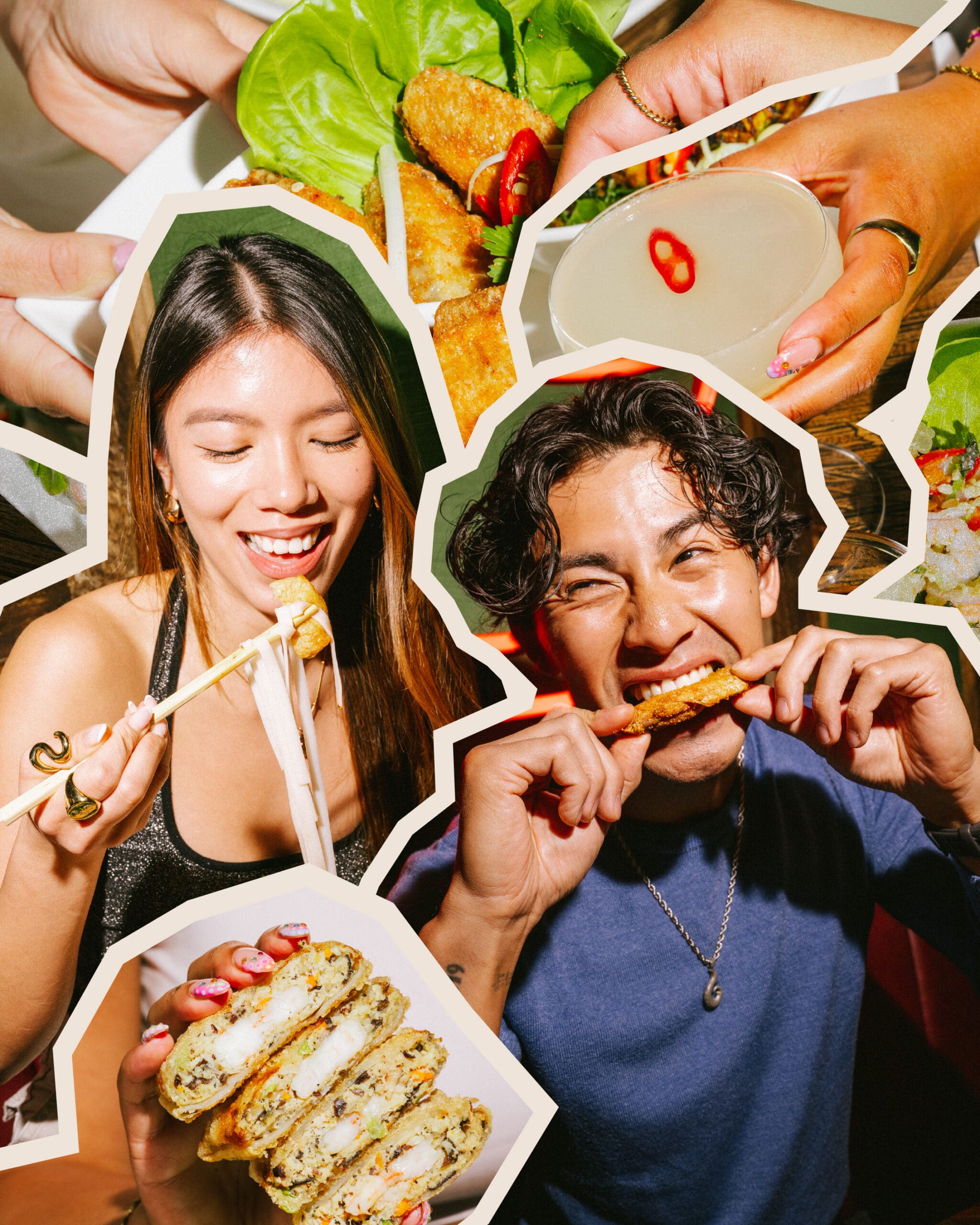 Collage of two people enjoying various foods, including a woman eating with chopsticks, a man biting into fried food, and close-ups of hands holding dishes like lettuce wraps and a rice paper roll.